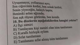 Uyuşamayız, yollarımız ayrı;
Sen ciğercinin kedisi, ben sokak kedisi;
Senin yiyeceğin, kalaylı kapta;
Benimki aslan ağzında;
Sen aşk rüyası görürsün, ben kemik.
10. Bu dizelerde aşağıdakilerden hangisi yoktur?
A) Ilgi zamiri
B) Tamlayanı kişi zamiri olan isim tamlaması
C) Kurallı birleşik eylem
D) Sifat tamlaması
E) Tamlananı sifat almış isim tamlaması