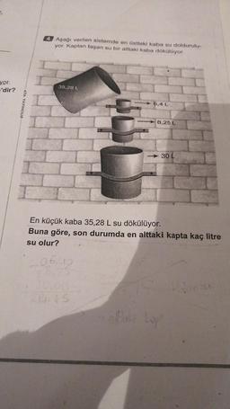 4 Aşağı verilen sistemde en üstteki kaba su doldurulu-
yor. Kaptan taşan su bir alttaki kaba dökülüyor.
yor.
'dir?
35,28 L
ATA YAYINCILIK
6.4 L
8,25 L
- 30 L
En küçük kaba 35,28 L su dökülüyor.
Buna göre, son durumda en alttaki kapta kaç litre
su olur?
06.00
lo