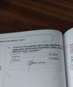 VE HAYVANCILIK - TEST 6
Kış
as
7
gidaki tarım ürünlerinden hangisinin üretim alanın
Türkiye'de iklim koşulları göz önüne alındığında
daha dar olduğu söylenebilir?
dug
sind
B) Üzüm
Al Elma
D) Buğday
Yu
de
(Siteytin
Ej Seker pancari
A
C
u
