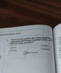 VE HAYVANCILIK - TEST 6
Kış
as
7
gidaki tarım ürünlerinden hangisinin üretim alanın
Türkiye'de iklim koşulları göz önüne alındığında
daha dar olduğu söylenebilir?
dug
sind
B) Üzüm
Al Elma
D) Buğday
Yu
de
(Siteytin
Ej Seker pancari
A
C
u
