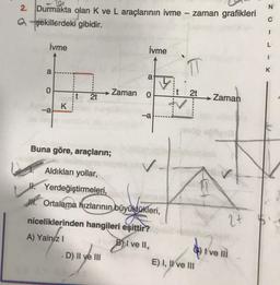 N
-
2. Durmakta olan K ve L araçlarının ivme
a şekillerdeki gibidir.
zaman grafikleri
C
1
İvme
L
İvme
1
a
K
a
0
O
Zaman 0
21
2t
→
Zaman
K
-a
-a
Buna göre, araçların;
Aldıkları yollar,
Yerdeğiştirmeleri,
JH. Ortalama kızlarının büyüklükleri,
niceliklerinden hangileri eşittir?
ht
A) Yalniz
B) I ve II.
I
be
10) 26
D) II ve III
I ve II
E) I, II ve III