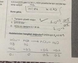 Szel-
lir.
0,3 mol HCN gazi 0,2 M 1L KOH çözeltisi ile tam verimle tep-
kime veriyor.
w
HON
Kao
Buna göre;
S
1. Tampon çözelti oluşur. v 4,10-9
II. pH=9 olur
III. HCN nin derişimi 0,1 M dir.
3.10-0
ifadelerinden hangileri doğrudur? (HCN için K =2.10-9
HON+
013
hot KCN+ H2O
012
02
-0,2
+02
+0,2
Oil
02
0.2