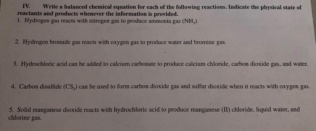 IV. Write a balanced chemical equation fo... Physical Chemistry