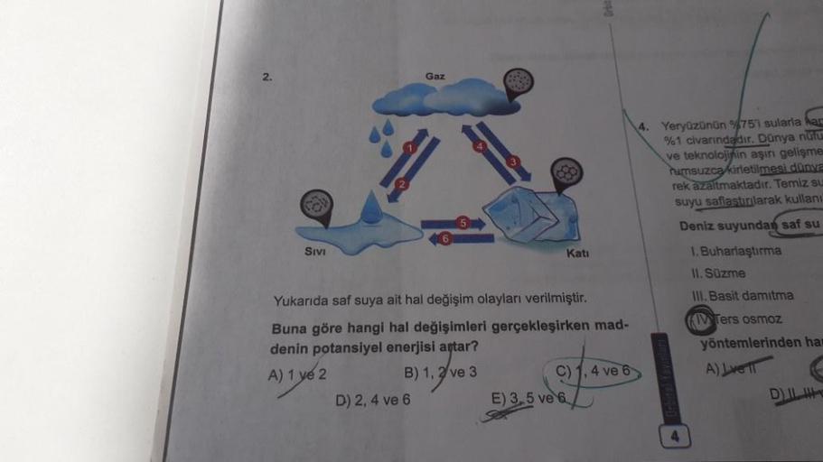 2.
Gaz
4. Yeryüzünün %75'i sularla hac
%1 civarındadır. Dünya nufu
ve teknolojinin aşırı gelişme
rumsuzca kirletilmesi dünya
rek azaltmaktadır. Temiz su
suyu saflastınarak kullani
SIVI
Kati
Deniz suyundan saf su
1. Buharlaştırma
11. Süzme
111. Basit damitm