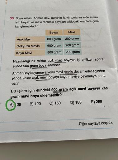 X
N
K
30. Boya ustası Ahmet Bey, mavinin farklı tonlarını elde etmek
için beyaz ve mavi renkteki boyaları tablodaki oranlara göre
karıştırmaktadır.
Beyaz
Mavi
Açık Mavi
800 gram
200 gram
Gökyüzü Mavisi
600 gram
200 gram
Koyu Mavi
500 gram
200 gram
Hazırlad