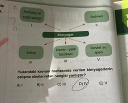 de
a,
7.
Ambalaj ve
kağıt sanayi
Rafineri
1
II
o
Kimyager
Devlet su
işleri
Demir - çelik
fabrikası
Adliye
V
IV
Yukarıdaki kavram haritasında verilen kimyagerlerin
çalışma alanlarından hangisi yanlıştır?
A) 1
B) II
C) III
E) V
D) IV