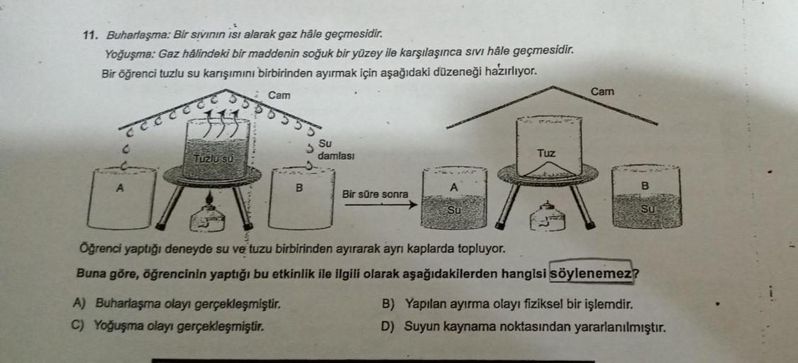 11. Buharlaşma: Bir sivinin isi alarak gaz hâle geçmesidir.
Yoğuşma: Gaz hâlindeki bir maddenin soğuk bir yüzey ile karşılaşınca sivi hâle geçmesidir.
Bir öğrenci tuzlu su karışımını birbirinden ayırmak için aşağıdaki düzeneği hazırlıyor.
Cam
Cam
Su
damlas