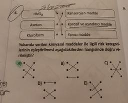 alazzat
9.
6.
HNO3
Kanserojen madde
Aseton
Korozif ve aşındırıcı madde
Kloroform
Yanıcı madde
Yukarıda verilen kimyasal maddeler ile ilgili risk kategori-
lerinin eşleştirilmesi aşağıdakilerden hangisinde doğru ve-
rilmiştir?
A)
B)
C)
XL
*
D) -
E)
ses
an
Xi
