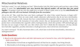 Mitochondrial Relatives
“Well that's weird,” Ivy said, thinking out loud. “Mitochondria look like little bacteria and even have some of their
genes! It seems like mitochondria were once bacteria that infected another cell and then they just stayed
together