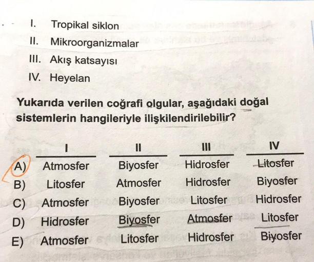 I. Tropikal siklon
II. Mikroorganizmalar
III. Akış katsayısı
IV. Heyelan
Yukarıda verilen coğrafi olgular, aşağıdaki doğal
sistemlerin hangileriyle ilişkilendirilebilir?
1
II
IV
Atmosfer
Hidrosfer
Litosfer
Litosfer
A)
B)
C)
D)
Biyosfer
Atmosfer
Biyosfer
Bi