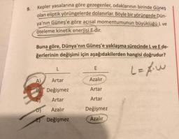 9.
Kepler yasalarına göre gezegenler, odaklarının birinde Güneş
olan eliptik yörüngelerde dolanırlar. Böyle bir yörüngede Dün-
ya'nın Güneş'e göre açısal momentumunun büyüklüğü L ve
öteleme kinetik enerjisi E dir.
Buna göre, Dünya'nın Güneş'e yaklaşma sürecinde L ve E de-
ğerlerinin değişimi için aşağıdakilerden hangisi doğrudur?
L
E
L=fw
A)
Artar
Azalır
Değişmez
Artar
Artar
Artar
Azalır
Değişmez
Azalır
Değişmez
