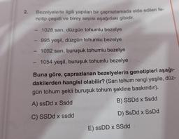 2.
Bezelyelerle ilgili yapılan bir çaprazlamada elde edilen fe-
notip çeşidi ve birey sayısı aşağıdaki gibidir.
1028 sari, düzgün tohumlu bezelye
995 yeşil, düzgün tohumlu bezelye
- 1092 sarı, buruşuk tohumlu bezelye
-
1054 yeşil, buruşuk tohumlu bezelye
Buna göre, çaprazlanan bezelyelerin genotipleri aşağı-
dakilerden hangisi olabilir? (Sarı tohum rengi yeşile, düz-
gün tohum şekli buruşuk tohum şekline baskındır).
B) SSDd x Ssdd
A) ssDd x Ssdd
C) SSDd x ssdd
D) SsDd x SsDd
E) SSDD x SSdd