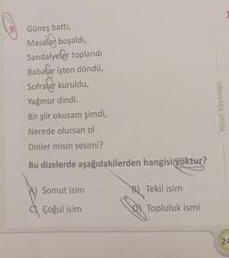 Güneş battı,
Masalar boşaldı,
Sandalyeler toplandı
Babalar işten döndü,
Sofralar kuruldu,
Yağmur dindi.
Bir şiir okusam şimdi,
Nerede olursan ol
Yanıt Yayınlar
Dinler misin sesimi?
Bu dizelerde aşağıdakilerden hangisi yoktur?
Somut isim
B) Tekil isim
BA
Dl
Çoğul isim
Topluluk ismi
24
