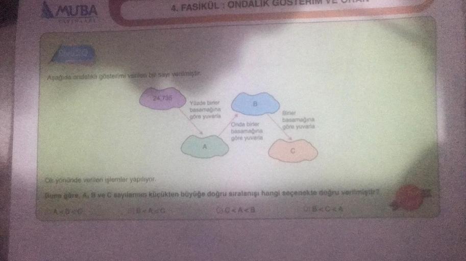 MUBA
4. FASİKÜL ONDALIK GOSTERM VE U
Aşagic ondalik gösterimi verilen bir seyi verdmistir
24735
8
Yüzde birer
basamağına
göre yuvarla
Birier
basama mo
göre yuvarla
Onda birer
basama na
göre yuvarla
A
onunde verilen işlemler yapiliyor.
A sve sayilarion klük