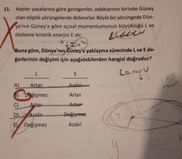 11. Kepler yasalarına göre gezegenler, odaklarının birinde Güneş
olan eliptik yörüngelerde dolanırlar. Böyle bir yörüngede Dün-
ya'nın Güneş'e göre açısal momentumunun büyüklüğü L ve
öteleme kinetik enerjisi E dir.
alty
IU
Buna göre, Dünya'nın Güneş'e yaklaşma sürecinde L ve E de-
ğerlerinin değişimi için aşağıdakilerden hangisi doğrudur?
L
E
Camry
72
A
Artar
Azalır
B) Değişmez
Artar
C)
Artar
Artar
D Azalır
Değişmez
El Değişmez
Azalır
