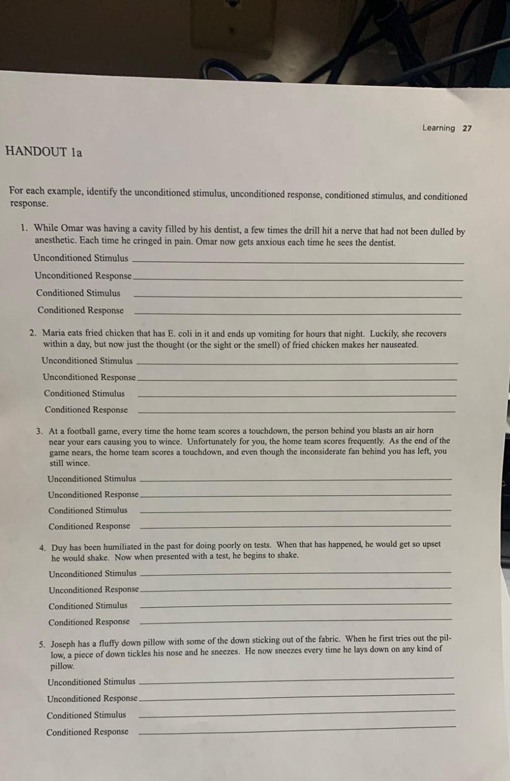Learning 27 HANDOUT La For Each Example Identify Psychology