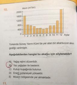 10.
Akım (m²/sn)
2000+
1600
1200+
800+
400
0
1 2 3 4 5 6 7 8 9 10 11 12 Aylar
Yukarıda Güney Yarım Küre'de yer alan bir akarsuyun akım
grafiği verilmiştir.
Aşağıdakilerden hangisi bu akarsu için söylenebilir?
A) Yağış rejimi düzenlidir.
B) Yaz yağışları ile beslenir.
C) Kutup kuşağında bulunur.
D) Enerji potansiyeli yüksektir.
E) Muson bölgesinde yer almaktadır.
11.
