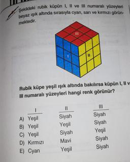 Şekildeki rubik küpün I, II ve III numaralı yüzeyleri
beyaz ışık altında sırasıyla cyan, sarı ve kırmızı görün-
mektedir.
II
Rubik küpe yeşil ışık altında bakılırsa küpün I, II v
Ill numaralı yüzeyleri hangi renk görünür?
II
|
A) Yeşil
B) Yeşil
C) Yeşil
D) Kırmızı
E) Cyan
Siyah
Yeşil
Siyah
Mavi
Yeşil
III
Siyah
Siyah
Yeşil
Siyah
Siyah