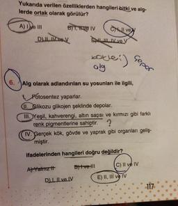 Yukarıda verilen özelliklerden hangileri bitki ve alg-
lerde ortak olarak görülür?
A) IVe III
B) 1, Ine IV
CI ve
DI IV VOV ELIV ve V
baklei)
alg
Geper
6. Alg olarak adlandırılan su yosunları ile ilgili,
Fotosentez yaparlar.
(II. Glikozu glikojen şeklinde depolar.
III. Yeşil, kahverengi, altın saçısı ve kırmızı gibi farklı
renk pigmentlerine sahiptir. ?
IV. Gerçek kök, gövde ve yaprak gibi organları geliş-
miştir.
ifadelerinden hangileri doğru değildir?
Bitve 111
C) II ve IV
A) Yalnız it
E) II, III ve IV
D. 1. Il ve IV
117