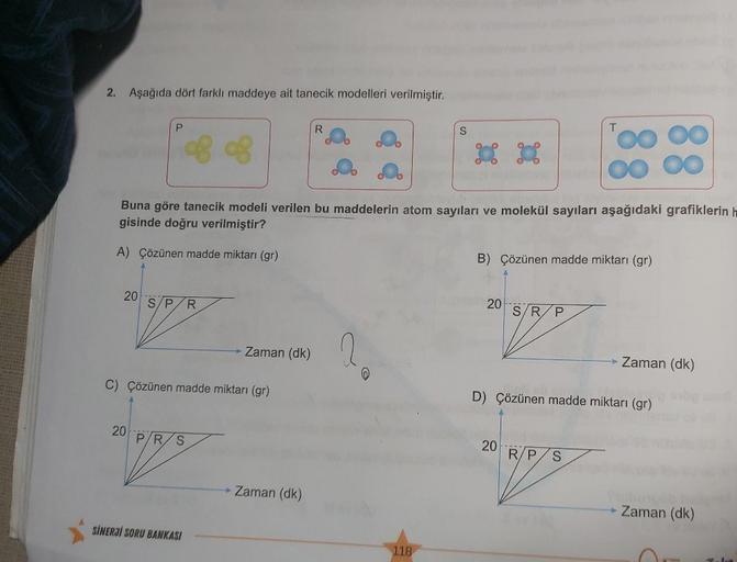 2. Aşağıda dört farklı maddeye ait tanecik modelleri verilmiştir.
P
R
S
T
8
8
O OO
Oo oo
Oo
Buna göre tanecik modeli verilen bu maddelerin atom sayıları ve molekül sayıları aşağıdaki grafiklerin h
gisinde doğru verilmiştir?
A) Çözünen madde miktarı (gr)
B)
