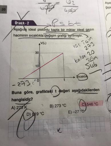 wo
2
Gas
Aşa
ğişir
20
Örnek-2
Psbt
Aşağıda ideal pistonlu kapta bir miktar ideal gazın
hacminin sıcaklıkla değişim grafiği verilmiştir.
AV(L)
30
loc igin
273
kola 20
Tain
10
Sub
Sicaklık
273 el
Buna göre, grafikteki t değeri aşağıdakilerden
hangisidir?
A)