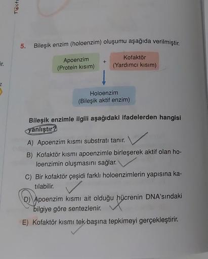 Testo
5. Bileşik enzim (holoenzim) oluşumu aşağıda verilmiştir.
+
Er.
Apoenzim
(Protein kısım)
Kofaktör
(Yardımcı kısım)
Z
Holoenzim
(Bileşik aktif enzim)
Bileşik enzimle ilgili aşağıdaki ifadelerden hangisi
yanlıştır?
A) Apoenzim kısmi substratı tanır.
B)