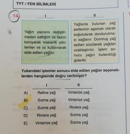 TYT / FEN BİLİMLERİ
14.
I
II
ö
Yağın yapısını değiştir-
meden saflığını ve tadını
koruyarak mekanik yön-
temler ve isi kullanılarak
elde edilen yağdır
.
Yağlarda bulunan yağ
asitlerinin aşamalı olarak
soğutularak dondurulma-
si sağlanır. Donmuş yağ
asitleri süzülerek yağdan
uzaklaştırılır. İşlem so-
nucu yağın bulanıklığı
giderilir.
Yukarıdaki işlemler sonucu elde edilen yağlar seçenek-
lerden hangisinde doğru verilmiştir?
I
II
A)
Rafine yağ
Vinterize yağ
B)
Sızma yağ
Vinterize yağ
C)
Sızma yağ
Riviera yağ
D)
Riviera yağ
Sızma yağ
E)
Vinterize yağ
Sızma yağ
