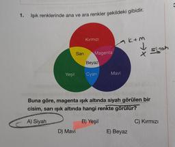 1.
Işık renklerinde ana ve ara renkler şekildeki gibidir.
Kirmizi
kam
V
Sarı
Magenta
Siton
Beyaz
Yeşil
Cyan
Mavi
Buna göre, magenta işık altında siyah görülen bir
cisim, sarı ışık altında hangi renkte görülür?
A) Siyah
B) Yeşil
C) Kırmızı
D) Mavi
E) Beyaz
