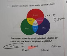 1.
Işık renklerinde ana ve ara renkler şekildeki gibidir.
Kirmizi
kam
V
Sarı
Magenta
Siton
Beyaz
Yeşil
Cyan
Mavi
Buna göre, magenta işık altında siyah görülen bir
cisim, sarı ışık altında hangi renkte görülür?
A) Siyah
B) Yeşil
C) Kırmızı
D) Mavi
E) Beyaz
