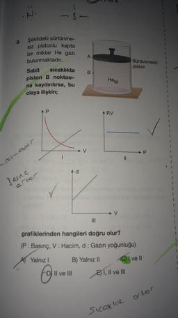 B-
9.
A
Şekildeki sürtünme-
siz pistonlu kapta
bir miktar He gazı
bulunmaktadır.
Sabit
sicaklıkta
piston B noktası-
na kaydırılırsa, bu
olaya ilişkin;
Sürtünmesiz
piston
B
He(g)
AP
A P.V
x
V
P
cein aar
11
Ad
Basina
arter
1
K
1
V
grafiklerinden hangileri doğru olur?
(P: Basınç, V: Hacim, d: Gazın yoğunluğu)
A Yalnız !
B) Yalnız 11
C) I ve II
DJ Il ve III
o
E) 1, II ve III
ortor
Scaune