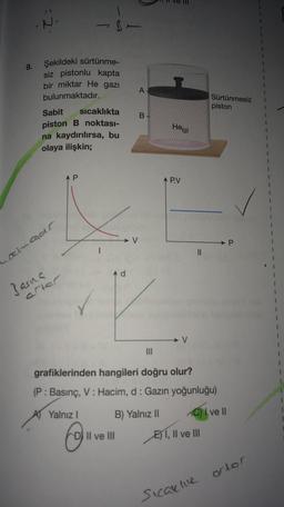 B-
9.
A
Şekildeki sürtünme-
siz pistonlu kapta
bir miktar He gazı
bulunmaktadır.
Sabit
sicaklıkta
piston B noktası-
na kaydırılırsa, bu
olaya ilişkin;
Sürtünmesiz
piston
B
He(g)
AP
A P.V
x
V
P
cein aar
11
Ad
Basina
arter
1
K
1
V
grafiklerinden hangileri doğru olur?
(P: Basınç, V: Hacim, d: Gazın yoğunluğu)
A Yalnız !
B) Yalnız 11
C) I ve II
DJ Il ve III
o
E) 1, II ve III
ortor
Scaune
