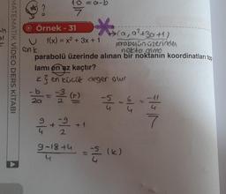 10 =a-b
7
v/
=
MATEMATİK VİDEO DERS KİTABI
Örnek - 31
>(a, a?+3041)
U f(x) = x2 + 3x + 1
poraboian Gzerinden
enk
nolta a mo
parabolü üzerinde alınan bir noktanın koordinatları top
lami en az kaçtır?
k} en kicak deger own
816
11
N/W
115
16
+
+
7
N/6
+ 1
9-18th
4
(k)
k
