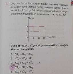 5. Doğrusal bir yolda durgun hâlden harekete başlayan
bir aracın ivme-zaman grafiği şekildeki gibidir. Aracın
(0 - t), (t - 21), (21 - 3t) zaman aralıklarındaki yer değiş-
tirmelerinin büyüklükleri sırasıyla sx,, AX, ve AX, tür.
Alvme
2a
a
0
Zaman
t
2t
3t
<
Buna göre; AX, AX, ve AX, arasındaki ilişki aşağıda-
kilerden hangisidir?
A) AX, = AX, = AX,
B) AX, = AX, < AX2
C)
AX, < AX, = AX,
D) AX, <AX,<AX,
E) AX, <AX, <AX2
<