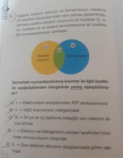 9. ) Aşağıda oksijenli solunum ve fermantasyon olaylanna
ait özellikleri sembolize eden venn şeması gösterilmiştir.
Şemada sadece oksijenli solunuma ait özellikler (). Or
tak özellikler (II) ve sadece fermantasyona ait özellikler
(III) numaralandırılarak v