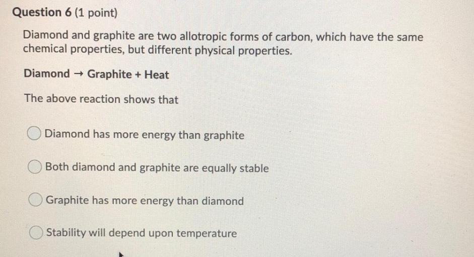 Question 6 (1 point) Diamond and graphite... Physical Chemistry