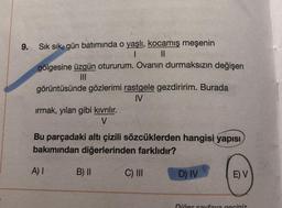 9. Sık sık, gün batımında o yaşlı, kocamış meşenin
1 II
gölgesine üzgün otururum. Ovanın durmaksızın değişen
III
görüntüsünde gözlerimi rastgele gezdiririm. Burada
IV
irmak, yılan gibi kıvrılır.
V
Bu parçadaki altı çizili sözcüklerden hangisi yapısı
bakımından diğerlerinden farklıdır?
A) I
B) II
C) III
D) IV
E) V
Dinar davomini
