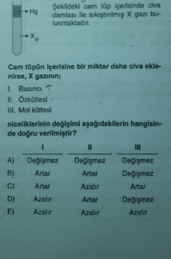 Hg
Şekildeki cam tüp içerisinde civa
damlası ile sıkıştınılmış X gazı bu-
lunmaktadır.
Cam tüpün içerisine bir miktar daha civa ekle-
nirse, X gazının;
1. Basıncı 1
II. Özkütlesi
IIL Mol kütlesi
niceliklerinin değişimi aşağıdakilerin hangisin-
de doğru ver