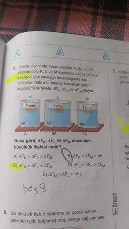 A
A
A
7. Odak
5. Silindir biçiminde taban alanları A, 3A ve 2A
olan su dolu K, L ve M kaplarına özdeş tahtalar
şekildeki gibi yavaşça bırakıldığında kap
tabanlarındaki sivi basınç kuvvet artışlarının
büyüklüğü sırasıyla AFK, AFL VE AFM oluyor.
çukur
gibi ko
K
L
M
A
Tahta
Tahta
Tahta
su
su
su
A
3A
2A
Buna göre; AFK, AFL ve AFM arasındaki
büyüklük ilişkisi nedir?
A) AFK > AFL > AFM B) AFK > AFM > AFL
C) AFK = AFL = AFM D) AFL > AFK > AFM
E) AFM > AFL > AFK
ar
BU
go
ha
A
hags
SINAV
6. Su dolu bir kabın tabanına bir çocuk balonu
şekildeki gibi bağlamış olup denge sağlanmıştır.