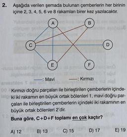 2. Aşağıda verilen şemada bulunan çemberlerin her birinin
içine 2, 3, 4, 5, 6 ve 8 rakamları birer kez yazılacaktır.
A
B
C
D
E
F
nusu olbrni
dleso
birine
-: Mavi
- -: Kırmızı
or on
00 Kırmızı doğru parçaları ile birleştirilen çemberlerin içinde-
ki iki rakamın en büyük ortak bölenleri 1, mavi doğru par-
çaları ile birleştirilen çemberlerin içindeki iki rakamının en
büyük ortak bölenleri 2'dir.
Buna göre, C+D+F toplamı en çok kaçtır?
A) 12
B) 13
C) 15
D) 17
E) 19