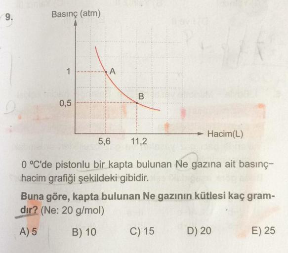 9.
Basınç (atm)
1
A
B
B.
0,5
Hacim(L)
5,6
11,2
0 °C'de pistonlu bir kapta bulunan Ne gazına ait basınç-
hacim grafiği şekildeki gibidir.
Buna göre, kapta bulunan Ne gazının kütlesi kaç gram-
dır? (Ne: 20 g/mol)
A) 5
B) 10 C) 15 D) 20
E) 25