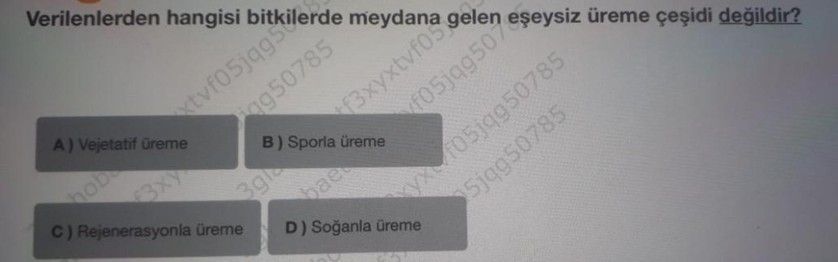 Verilenlerden hangisi
Polen
tvfoc itkilerde meydana
fO5jqg507 Şeysiz üreme çeşidi değildir?
ag50785
3xyxtvfo
(
A) Vejetatif üreme
B) Sporla üreme
05jqg50785
5jqg5078
GOD
39
C) Rejenerasyonla üreme
D) Soğanla üreme