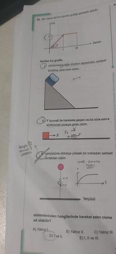 54
53. Bir cisme ait hiz-zaman grafigi şekildeki gibidir.
Hiz
Zaman
2t
t
Verilen bu grafik;
sürtünmesiz eğik düzlem tepesinden serbest
bırakılıp yere inen cisim,
ssina
F kuvveti ile harekete geçen ve bir süre sonra
sürtünmeli yüzeye giren cisim,
B4
Böyle m