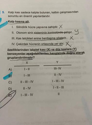 5. Kalp kası sadece kalpte bulunan, kalbin çalışmasından
sorumlu en önemli yapılardandır.
Kalp kasına ait,
1. Silindirik hücre yapısına sahiptir. X
II. Otonom sinir sisteminin kontrolünde çalışır. Y
III. Kas telcikleri enine bantlaşma gösterir. X
IV. Çekir