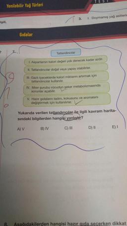 TES
Yenilebilir Yağ Türleri
3.
a
1. Doymamış yağ asitlerin
Elgili,
Gıdalar
2
7.
Tatlandiricilar
1. Aspartamin kalori değeri yok denecek kadar azdır.
II. Tatlandırıcılar doğal veya yapay olabilirler.
III. Gazlı içeceklerde kalori miktarını artırmak için
tatlandırıcılar kullanılır.
IV. Misir şurubu vücudun şeker metabolizmasında
sorunlar açabilir.
V. Hazır gıdalarn tadini, kokusunu ve aromasını
değiştirmek için kullanılırlar.
Yukarıda verilen tatlandırıcılar ile ilgili kavram harita-
sindaki bilgilerden hangisi
yanlıştır?
A) V
B) IV
C) III
D) 11
E) 1
8.
Asağıdakilerden hangisi hazır qida secerken dikkat