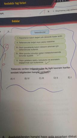 TES
Yenilebilir Yağ Türleri
3.
a
1. Doymamış yağ asitlerin
Elgili,
Gıdalar
2
7.
Tatlandiricilar
1. Aspartamin kalori değeri yok denecek kadar azdır.
II. Tatlandırıcılar doğal veya yapay olabilirler.
III. Gazlı içeceklerde kalori miktarını artırmak için
tatlandırıcılar kullanılır.
IV. Misir şurubu vücudun şeker metabolizmasında
sorunlar açabilir.
V. Hazır gıdalarn tadini, kokusunu ve aromasını
değiştirmek için kullanılırlar.
Yukarıda verilen tatlandırıcılar ile ilgili kavram harita-
sindaki bilgilerden hangisi
yanlıştır?
A) V
B) IV
C) III
D) 11
E) 1
8.
Asağıdakilerden hangisi hazır qida secerken dikkat
