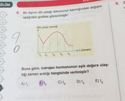 ÖLÜM
9. Z
6. Bir dişinin döl yatağı dokusunun kalınlığındaki değişim
aşağıdaki grafikte gösterilmiştir.
Döl yatağı kalınlığı
1
1
1
t (Zaman)
t, tz
13
14
t5
Buna göre, östrojen hormonunun eşik değere ulaş-
tığı zaman aralığı hangisinde verilmiştir?
A) ty
B) ta
C) tz
E) to
D),