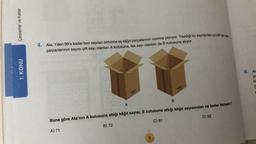Çarpanlar ve Katlar
4. Ata, 1'den 99'a kadar tam sayıları birbirine eş kâğıt parçalarının üzerine yazıyor. Yazdığı bu sayılardan pozitif tam say
çarpanlarının sayısı çift sayı olanları A kutusuna, tek sayı olanları da B kutusuna atıyor.
1. KONU
6. At
yo
bi
TID
TRI
B
A
D) 82
Buna göre Ata'nın A kutusuna attığı kâğıt sayısı, B kutusuna attığı kâğıt sayısından ne kadar fazladır?
C) 81
B) 72
A) 71
8
