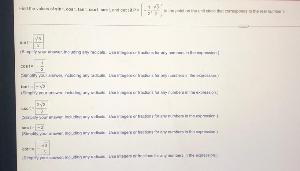 Find the values of sint, cost, tant, csct, sect, and co... - Math