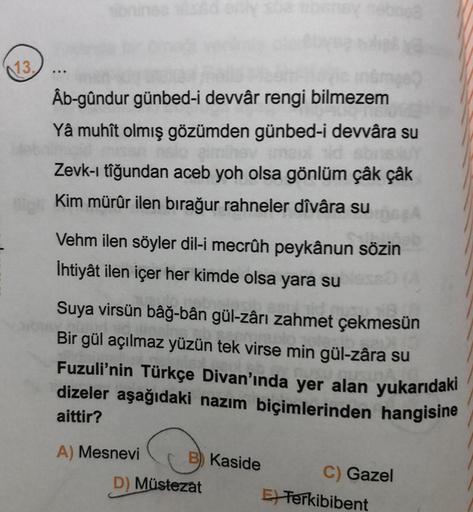 113.
...
Âb-gûndur günbed-i devvâr rengi bilmezem
Yâ muhît olmış gözümden günbed-i dewâra su
meix de
Zevk-i tîğundan aceb yoh olsa gönlüm çêk çûk
Kim mürûr ilen bırağur rahneler dîvâra su
Vehm ilen söyler dil-i mecrûh peykânun sözin
İhtiyât ilen içer her k