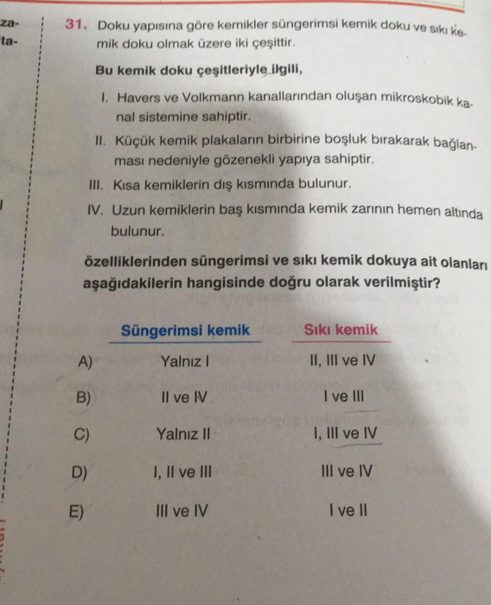 za-
ta-
31. Doku yapısına göre kemikler süngerimsi kemik doku ve sikike.
mik doku olmak üzere iki çeşittir.
Bu kemik doku çeşitleriyle ilgili,
1. Havers ve Volkmann kanallarından oluşan mikroskobik ka-
nal sistemine sahiptir.
II. Küçük kemik plakaların bir